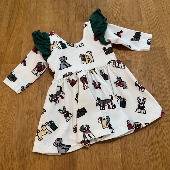 Monica + Andy 0-6 MONTHS White Organic Cotton Chirstmas Dog Ruffle Dress - Picture 1 of 8